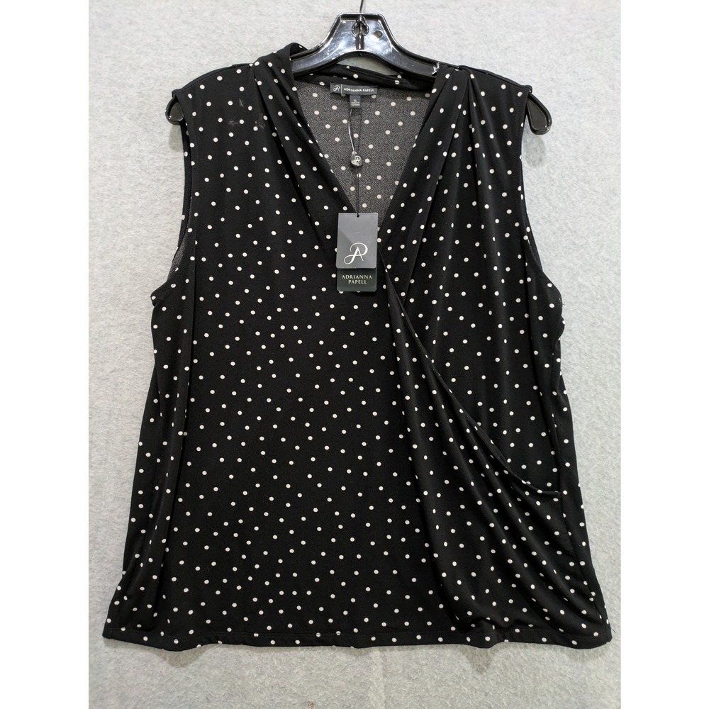 Adrianna Papel Blouse Womens XL Wrap Front Sleeveless Top Pin Dot Black NWT
